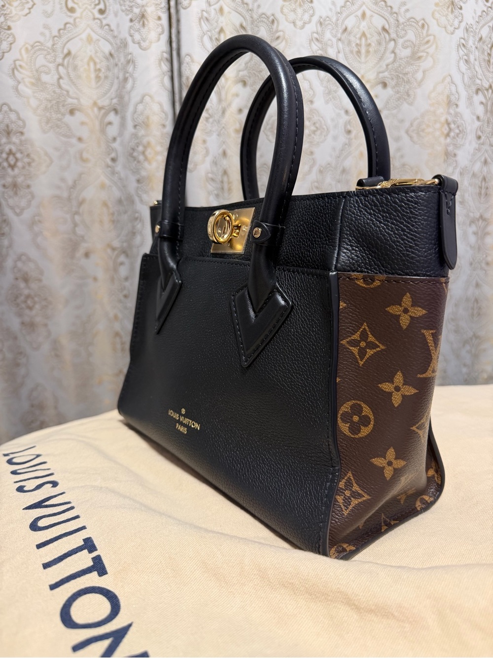 Louis Vuitton Black Leather Tote with Monogram Side Panels and Gold Hardware - Picture 2 of 5